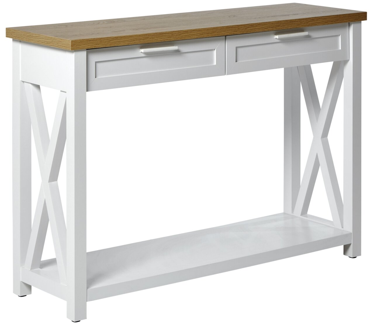 Witte console met twee lades en een houten tafelblad, X-vormige verstevigingsbalken aan de zijkanten, vooraanzicht