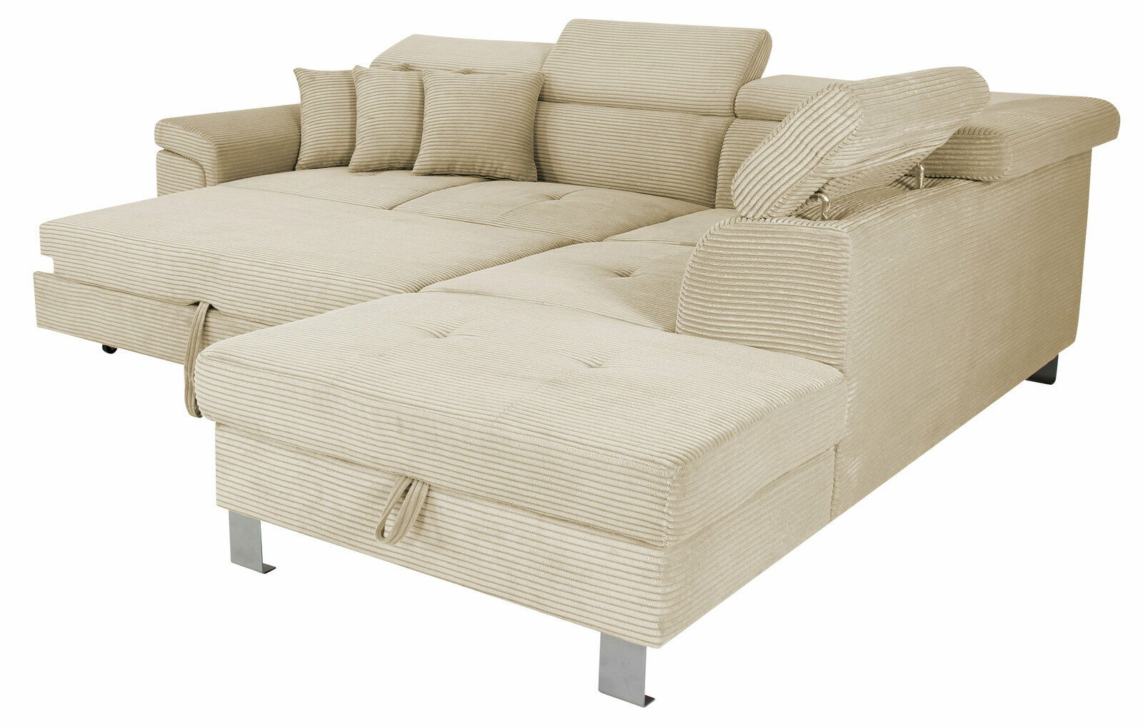 Beige Ecksofa mit verstellbaren Kopfstützen und Kissen, Perspektive von vorne rechts