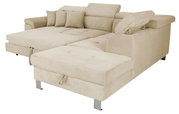 Beige Ecksofa mit verstellbaren Kopfstützen und Kissen, Perspektive von vorne rechts