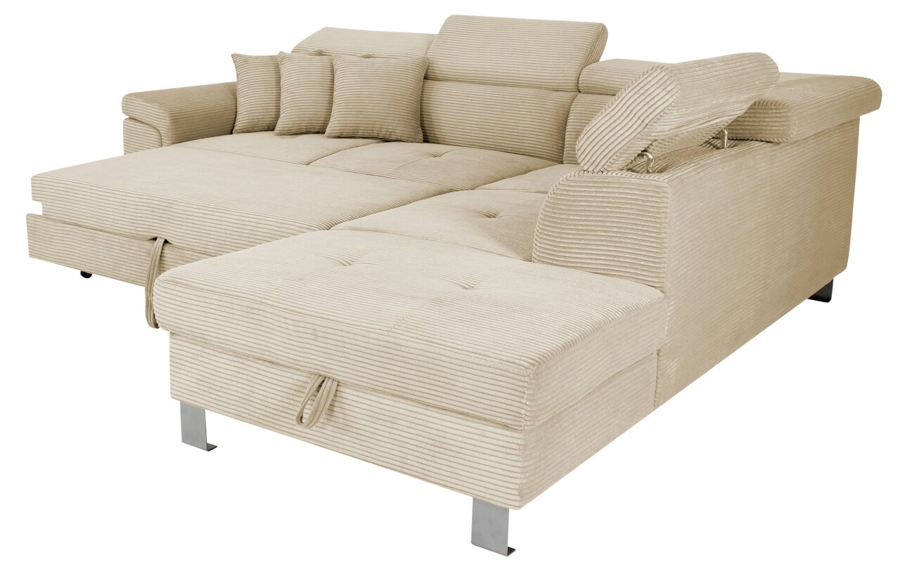 Beige Ecksofa mit verstellbaren Kopfstützen und Kissen, Perspektive von vorne rechts