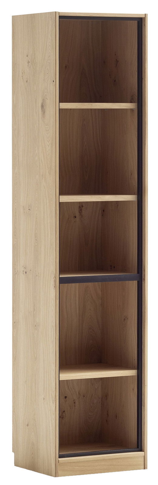 Schmales, hohes Regal aus Holz mit vier offenen Fächern, seitliche Perspektive.