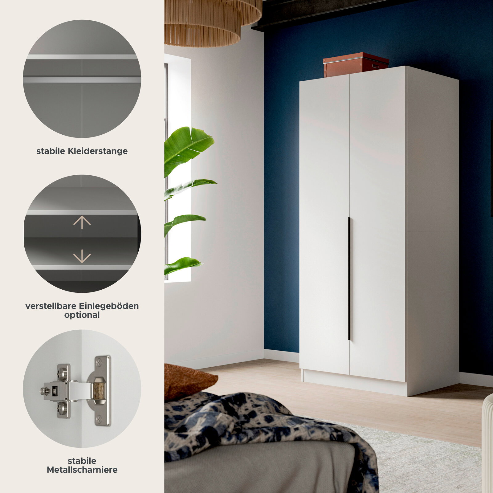 Weißer zweitüriger Kleiderschrank mit langen schwarzen Griffen in modernem Schlafzimmer, perspektivische Frontansicht leicht von rechts; links Detailgrafiken zu stabiler Kleiderstange, optional verstellbaren Einlegeböden und stabilen Metallscharnieren.