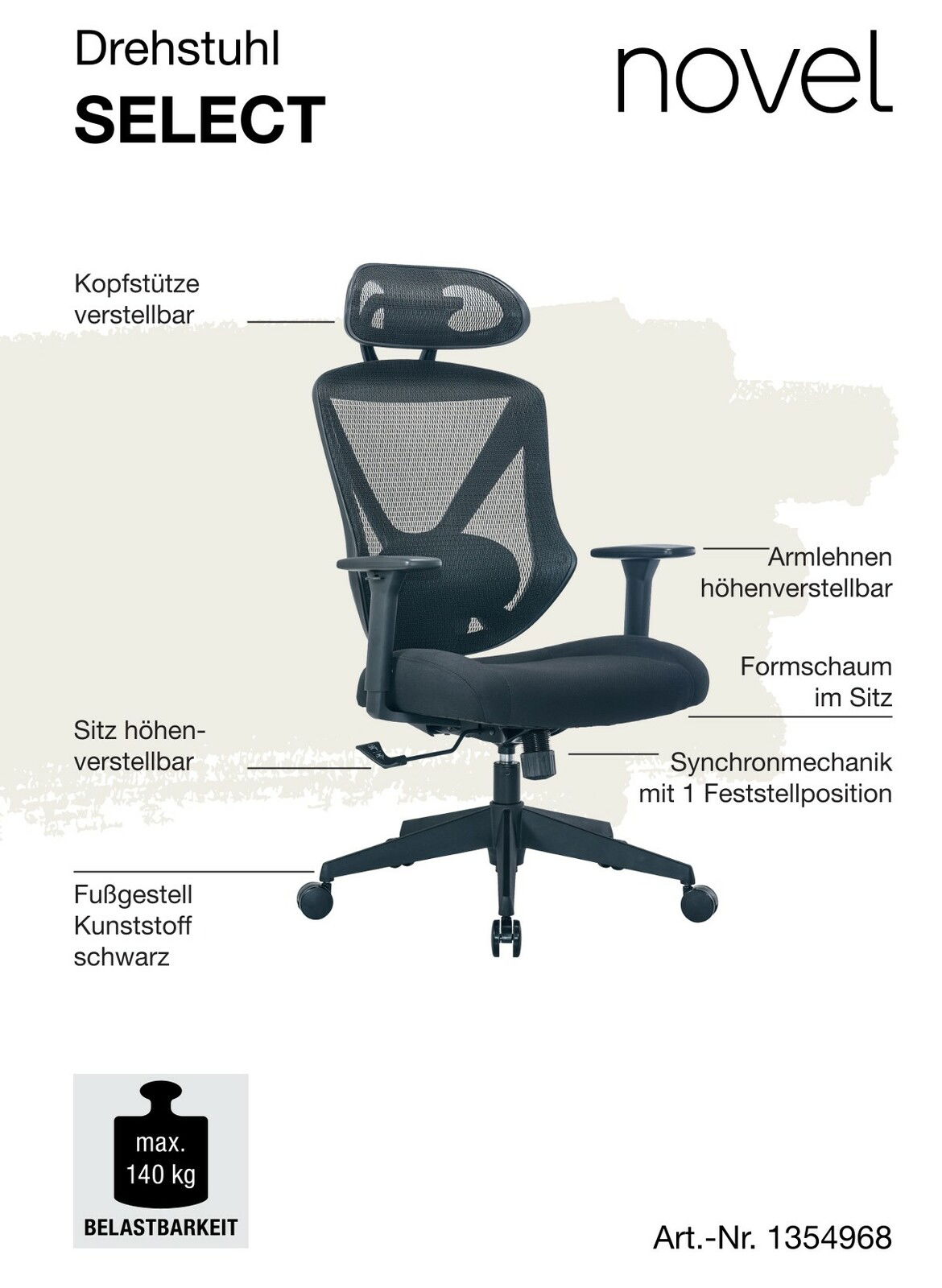 Ergonomischer Drehstuhl mit verstellbarer Kopfstütze, höhenverstellbaren Armlehnen und Sitz, Formschaum im Sitz, Synchronmechanik mit Feststellposition, schwarzes Kunststoff-Fußgestell, seitliche Perspektive