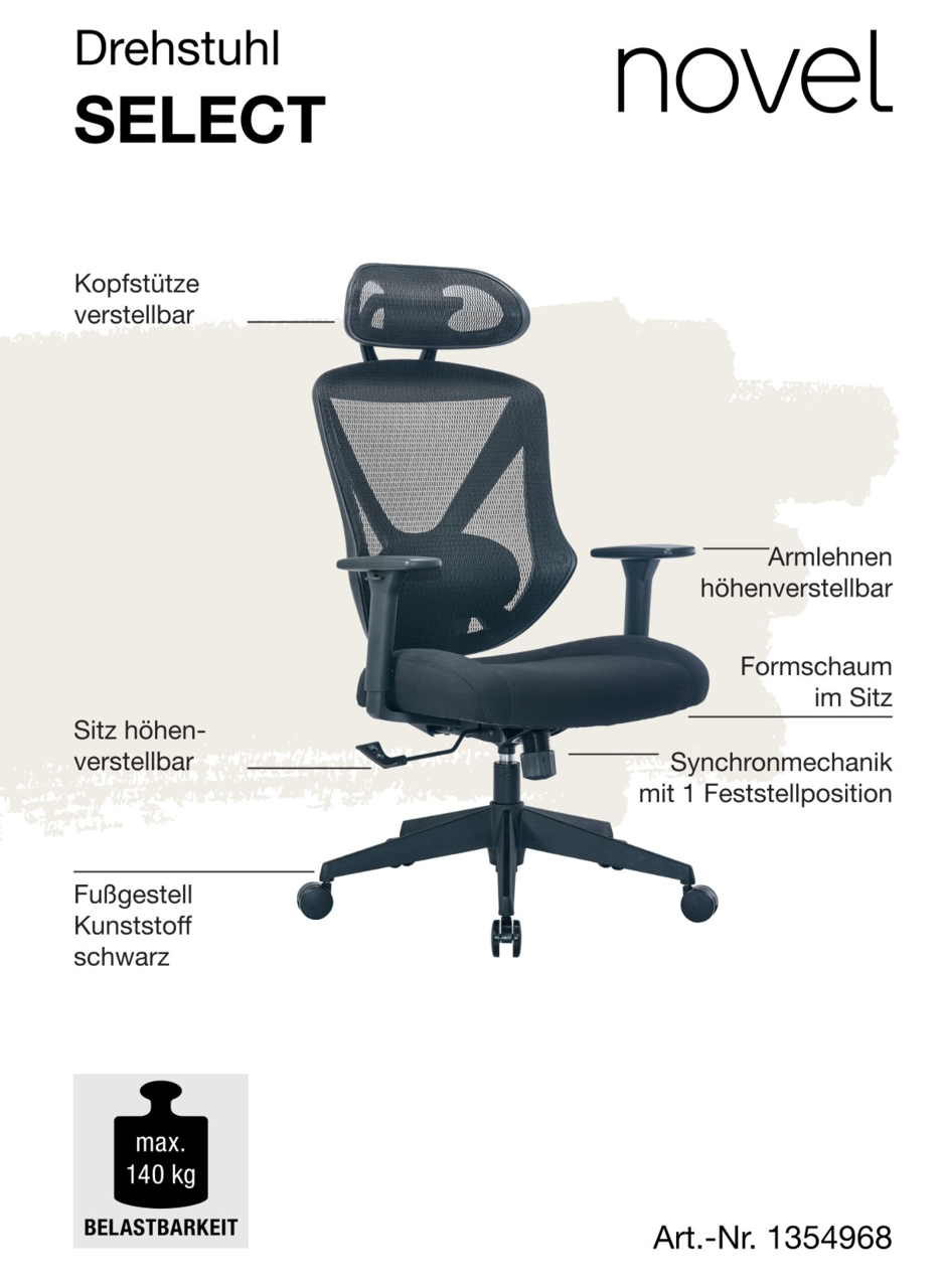 Ergonomischer Drehstuhl mit verstellbarer Kopfstütze, höhenverstellbaren Armlehnen und Sitz, Formschaum im Sitz, Synchronmechanik mit Feststellposition, schwarzes Kunststoff-Fußgestell, seitliche Perspektive