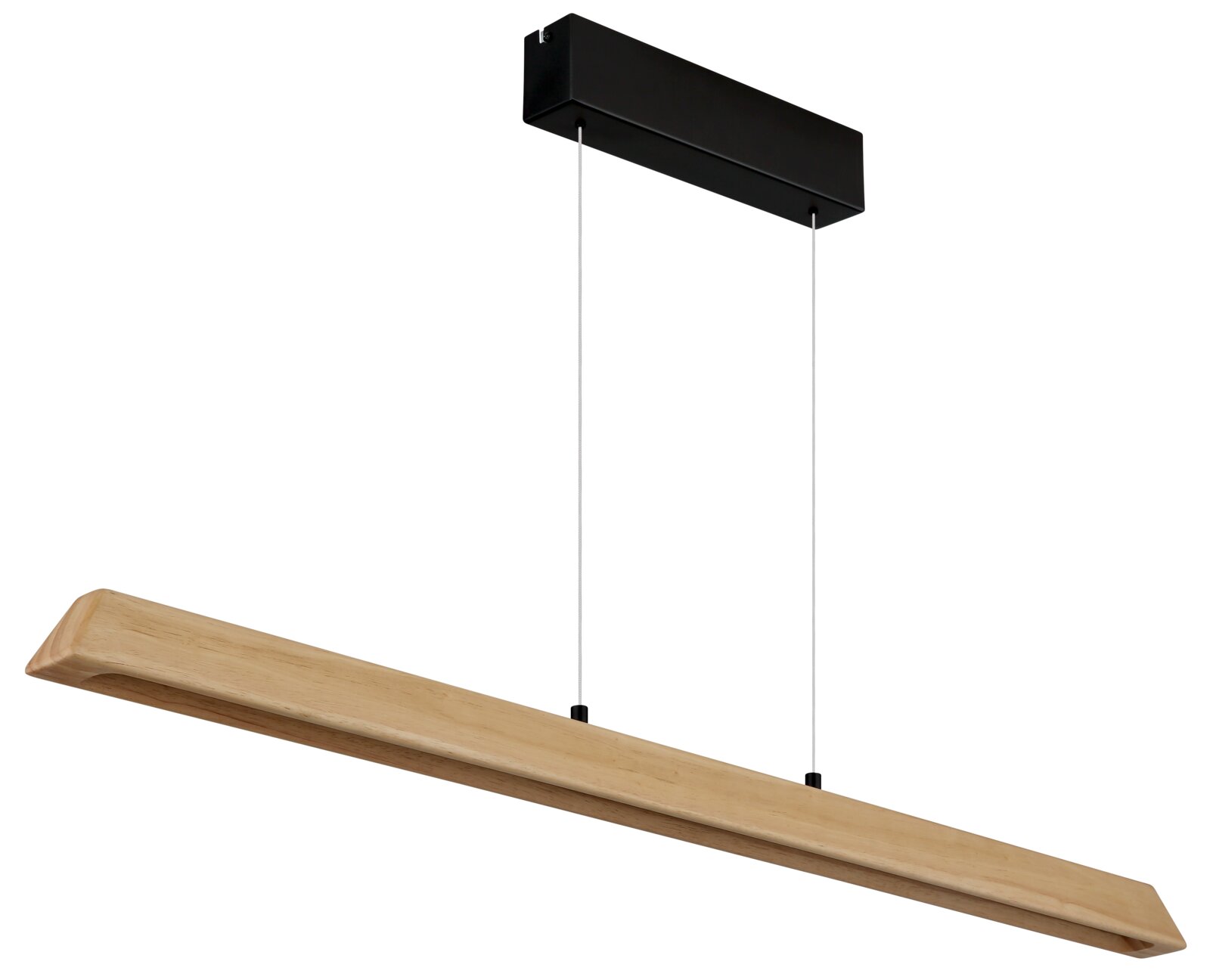 Moderne lineare Pendelleuchte aus hellem Holz mit schwarzer Deckenhalterung und zwei Abhängeseilen, freigestellt auf weißem Hintergrund, schräg von unten im 3/4-Winkel gezeigt