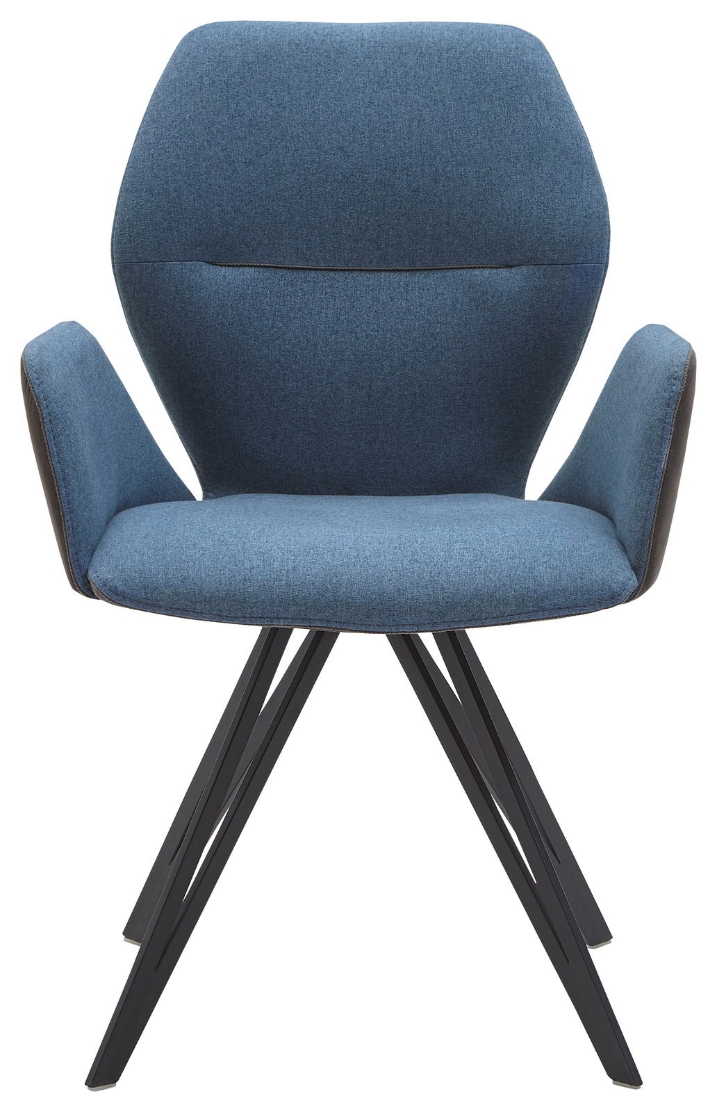 Moderner blauer Armlehnenstuhl mit schwarzem Metallgestell, Frontalansicht