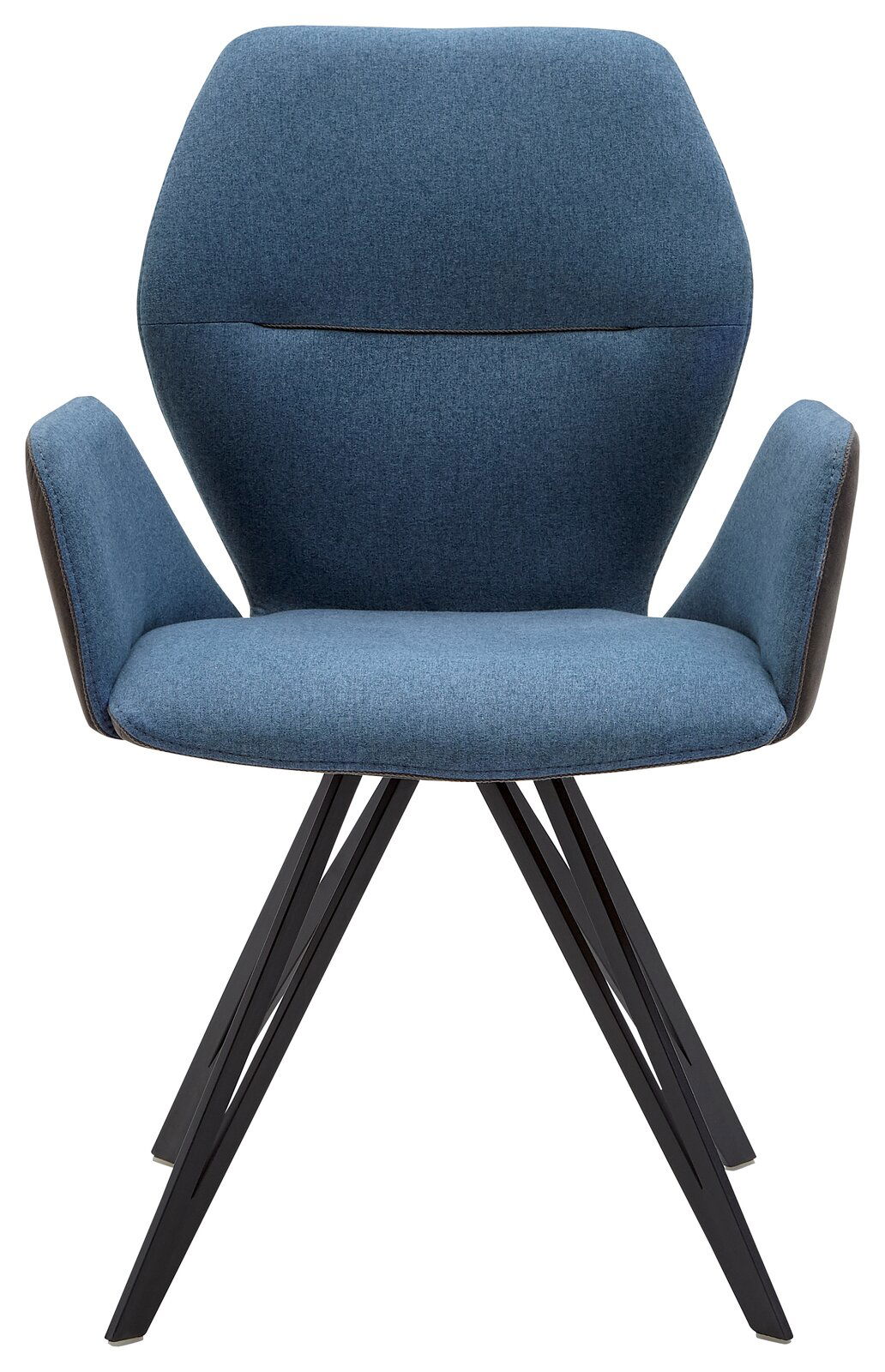 Moderner blauer Armlehnenstuhl mit schwarzem Metallgestell, Frontalansicht