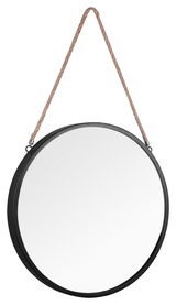 Runder Hängespiegel mit schwarzem Rahmen und Seilaufhängung, frontal abgebildet.