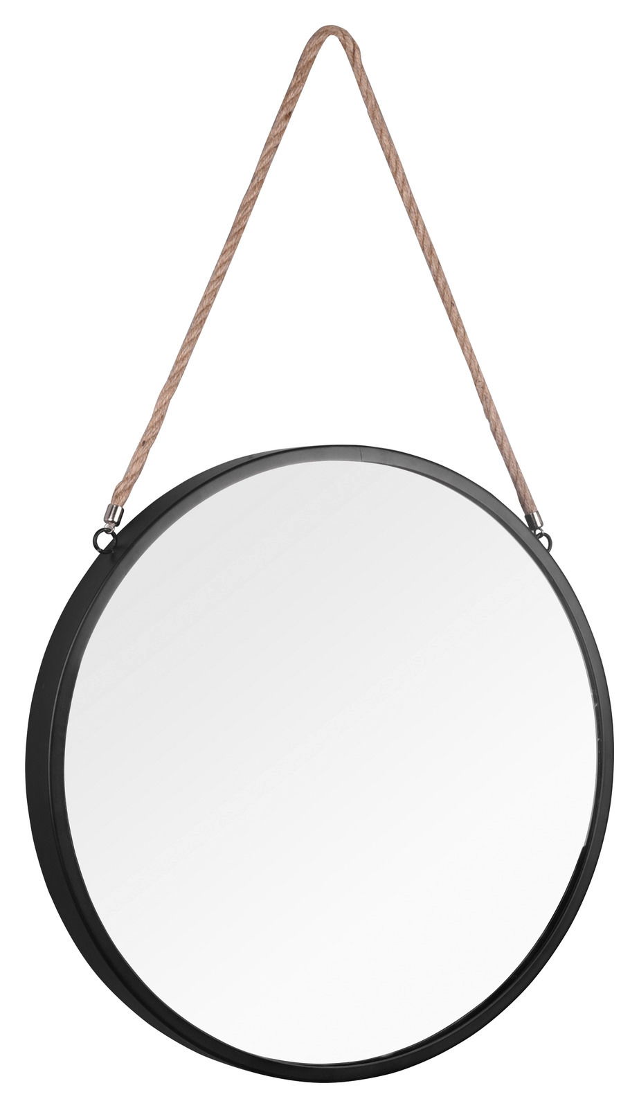 XORA Hängespiegel NINA Runder Hängespiegel mit schwarzem Rahmen und Seilaufhängung, frontal abgebildet.