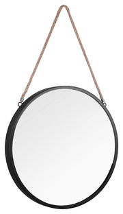 Runder Hängespiegel mit schwarzem Rahmen und Seilaufhängung, frontal abgebildet.