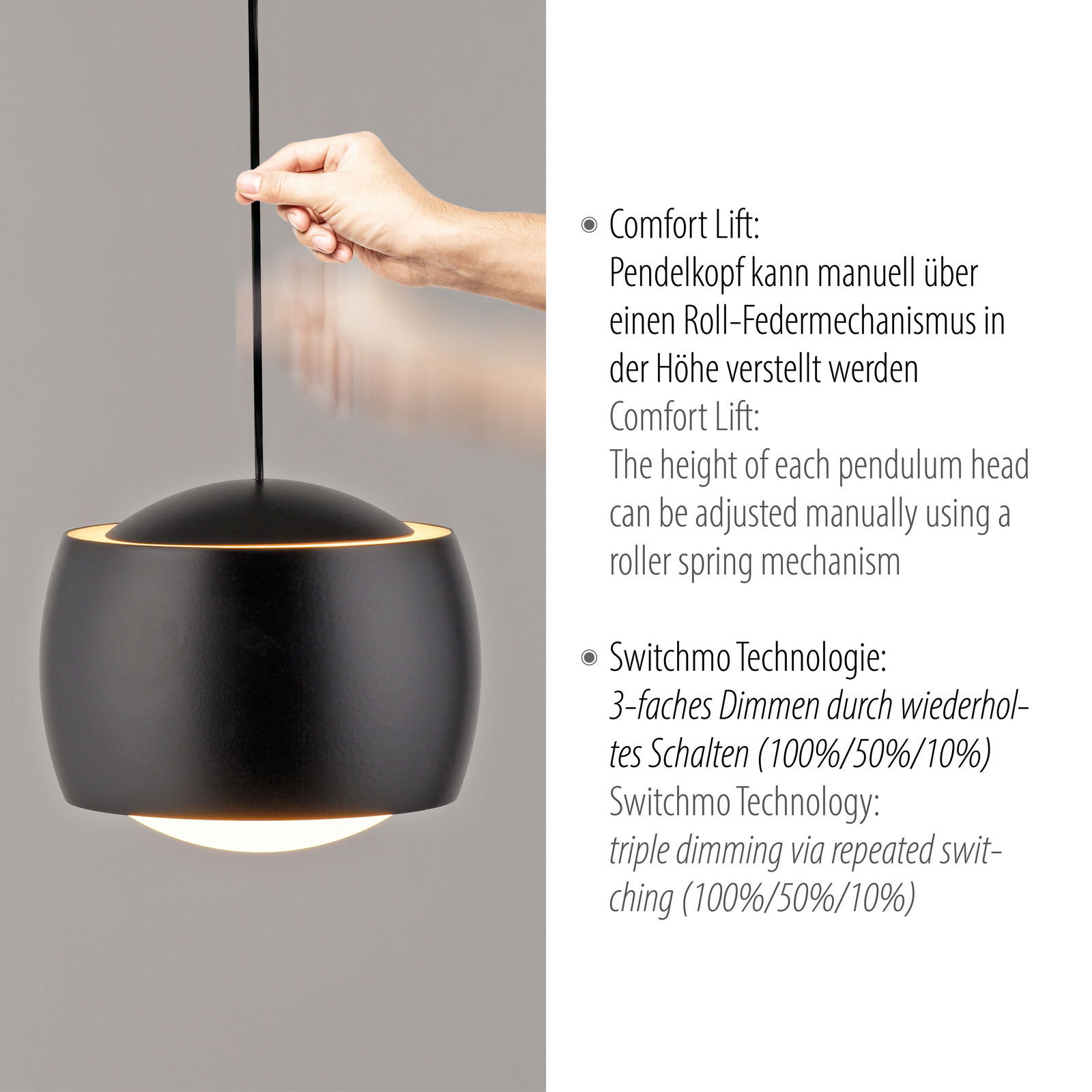 Schwarze Pendelleuchte BALLINI mit verstellbarem Pendelkopf und dreifacher Dimmfunktion, seitliche Perspektive.