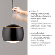 Schwarze Pendelleuchte BALLINI mit verstellbarem Pendelkopf und dreifacher Dimmfunktion, seitliche Perspektive.