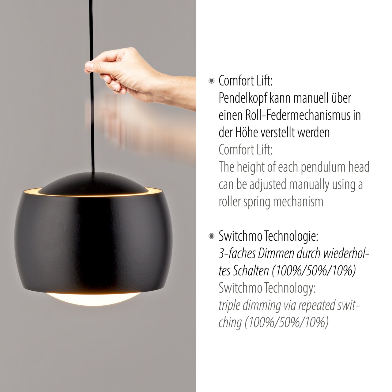 Schwarze Pendelleuchte BALLINI mit verstellbarem Pendelkopf und dreifacher Dimmfunktion, seitliche Perspektive.