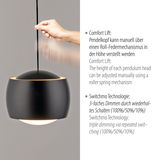 Schwarze Pendelleuchte BALLINI mit verstellbarem Pendelkopf und dreifacher Dimmfunktion, seitliche Perspektive.
