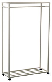 Moderner Garderobenwagen aus Metall mit Rollen, seitliche Perspektive