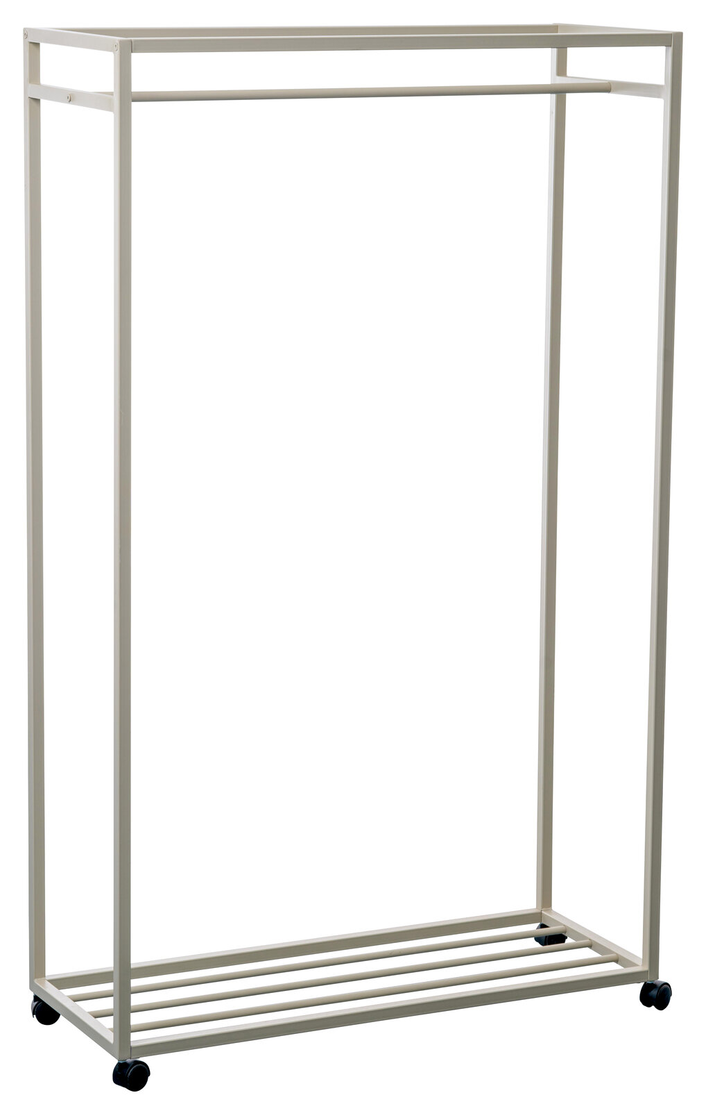 Moderner Garderobenwagen aus Metall mit Rollen, seitliche Perspektive
