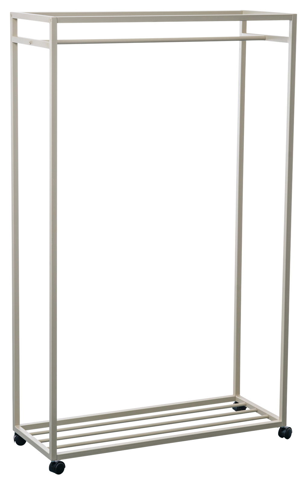 Moderner Garderobenwagen aus Metall mit Rollen, seitliche Perspektive