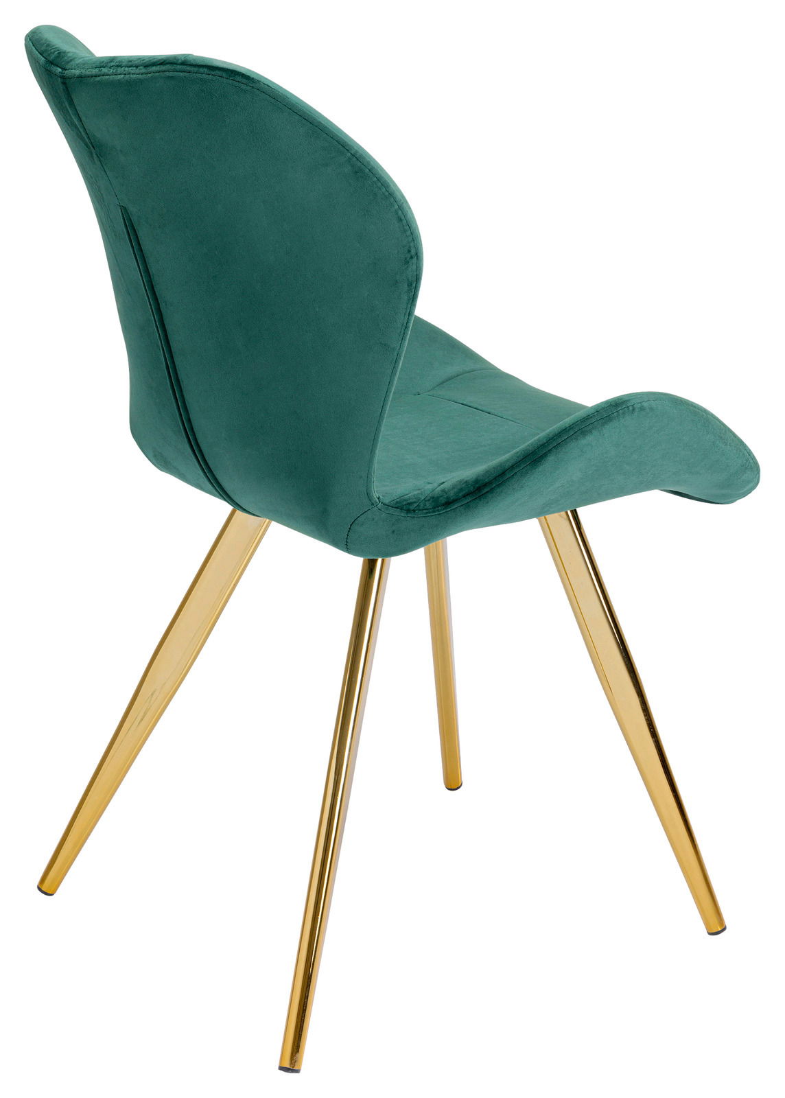 Rückansicht eines eleganten grünen Stuhls mit goldenen Beinen.