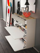 Moderner Hängeschuhschrank mit zwei Klappen und einer Schublade, gefüllt mit verschiedenen Schuhen, aus seitlicher Perspektive fotografiert. Dekorative Objekte auf der Holzoberfläche.