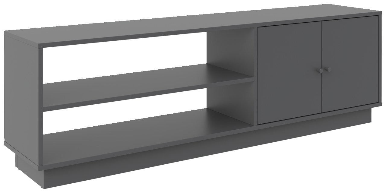 Graues TV-Lowboard mit zwei offenen Regalfächern und zwei Türen, seitliche Perspektive