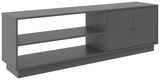 Graues TV-Lowboard mit zwei offenen Regalfächern und zwei Türen, seitliche Perspektive