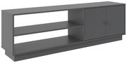 Graues TV-Lowboard mit zwei offenen Regalfächern und zwei Türen, seitliche Perspektive