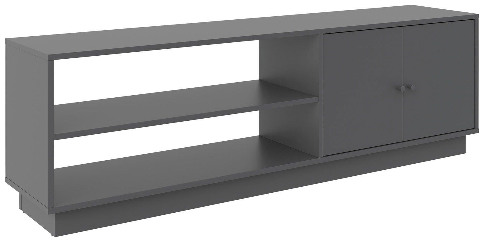 Graues TV-Lowboard mit zwei offenen Regalfächern und zwei Türen, seitliche Perspektive