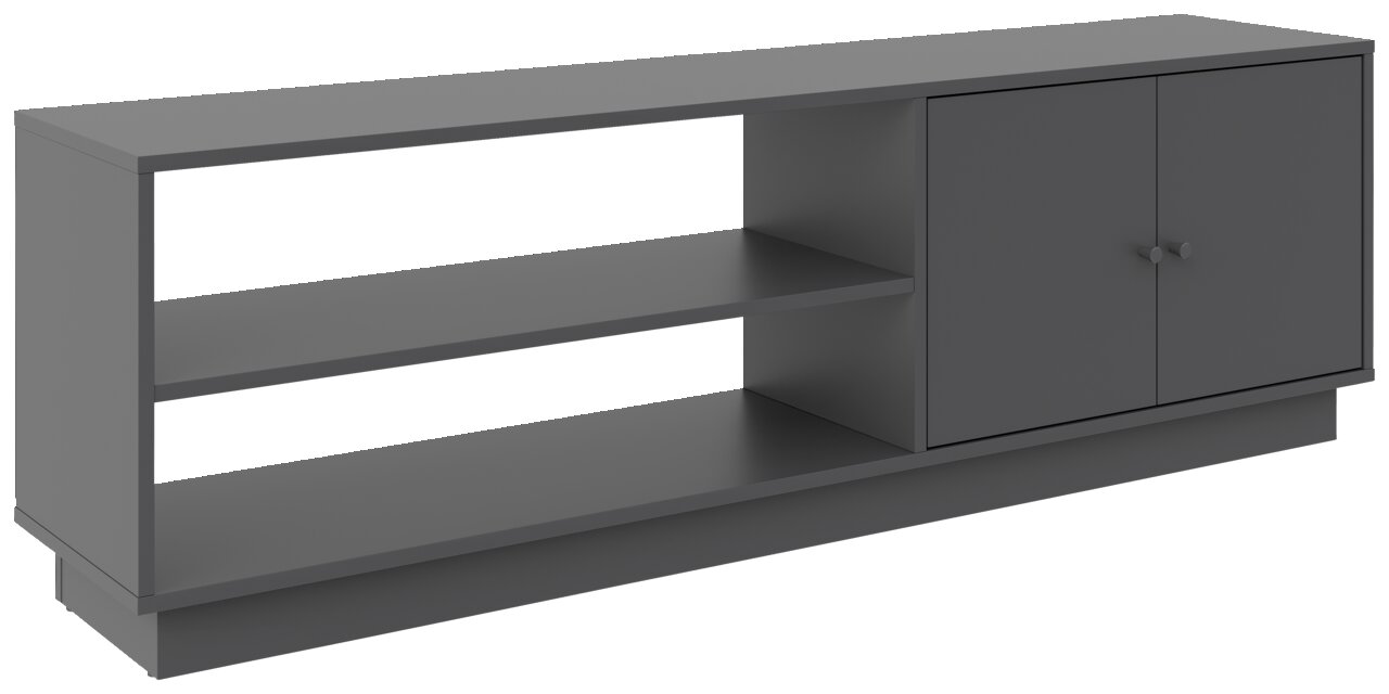 Graues TV-Lowboard mit zwei offenen Regalfächern und zwei Türen, seitliche Perspektive