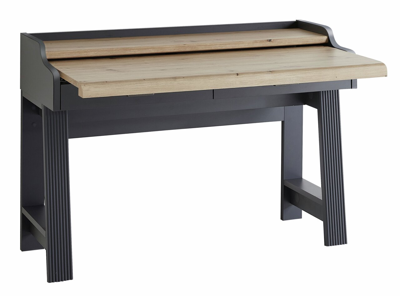 Moderne secretaire met donker frame en licht houten blad, zijaanzicht