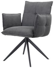 Grauer Armlehnstuhl mit gepolstertem Sitz und Rückenlehne, seitliche Ansicht