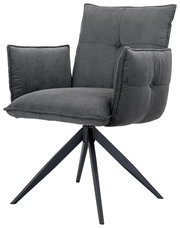 Grauer Armlehnstuhl mit gepolstertem Sitz und Rückenlehne, seitliche Ansicht