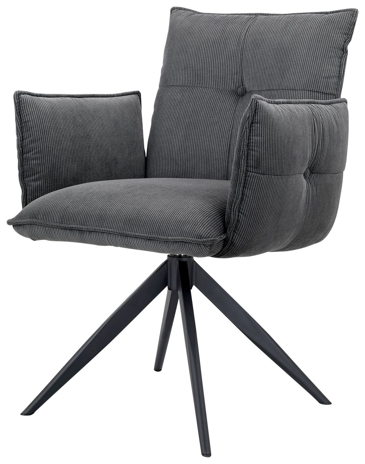 Grauer Armlehnstuhl mit gepolstertem Sitz und Rückenlehne, seitliche Ansicht