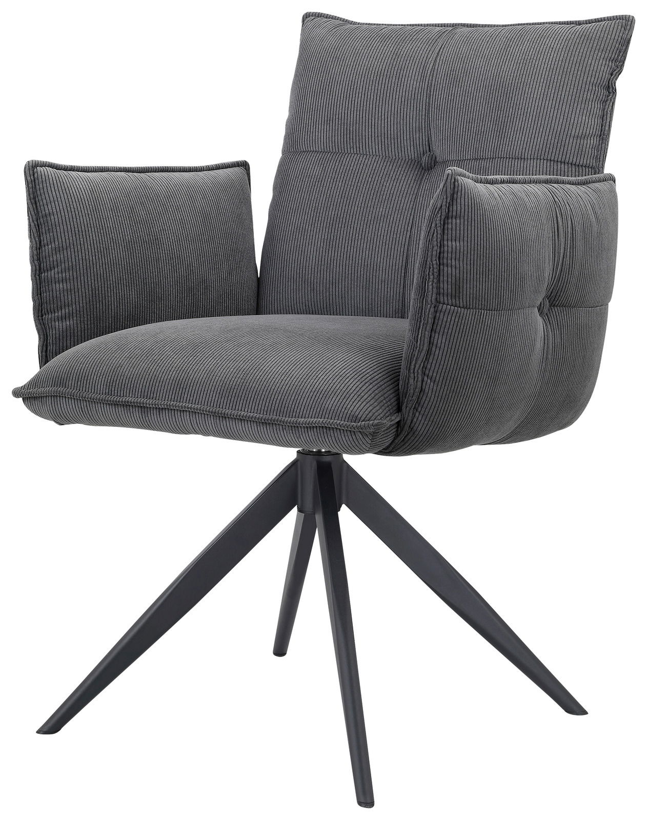 Grauer Armlehnstuhl mit gepolstertem Sitz und Rückenlehne, seitliche Ansicht