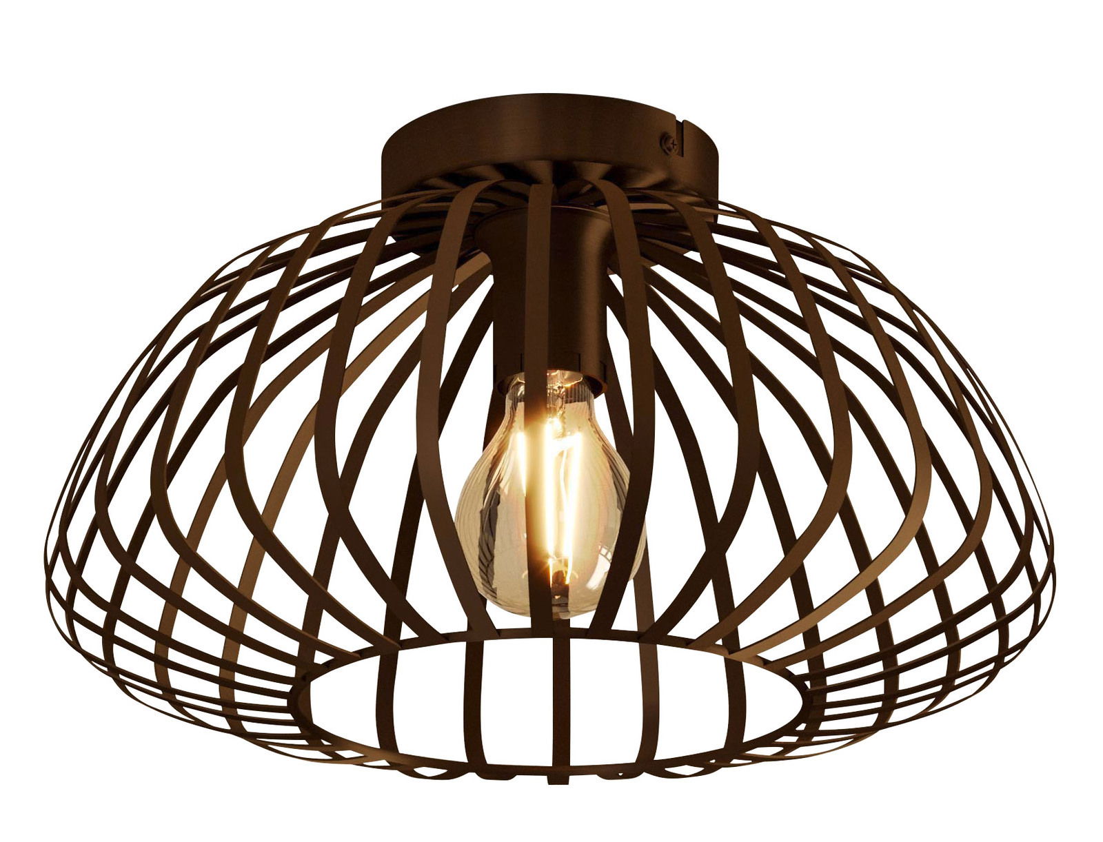 Deckenleuchte ESPINAL mit schwarzem, käfigartigem Design und sichtbarer Glühbirne, seitliche Perspektive