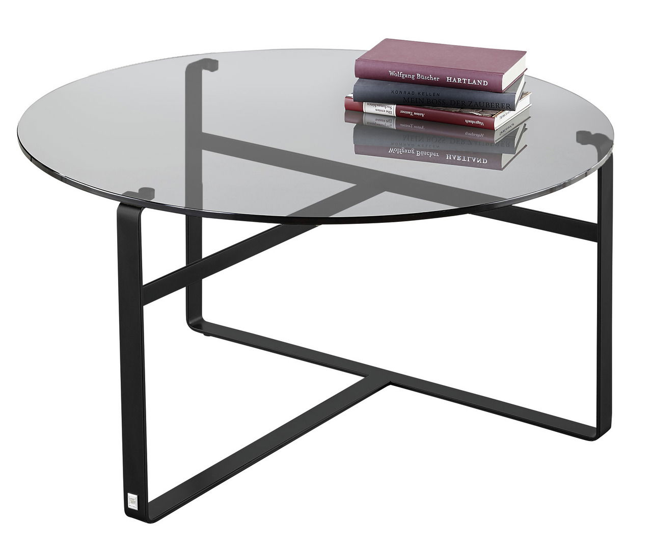 Runder Couchtisch mit Glasplatte und schwarzem Metallgestell, seitliche Perspektive