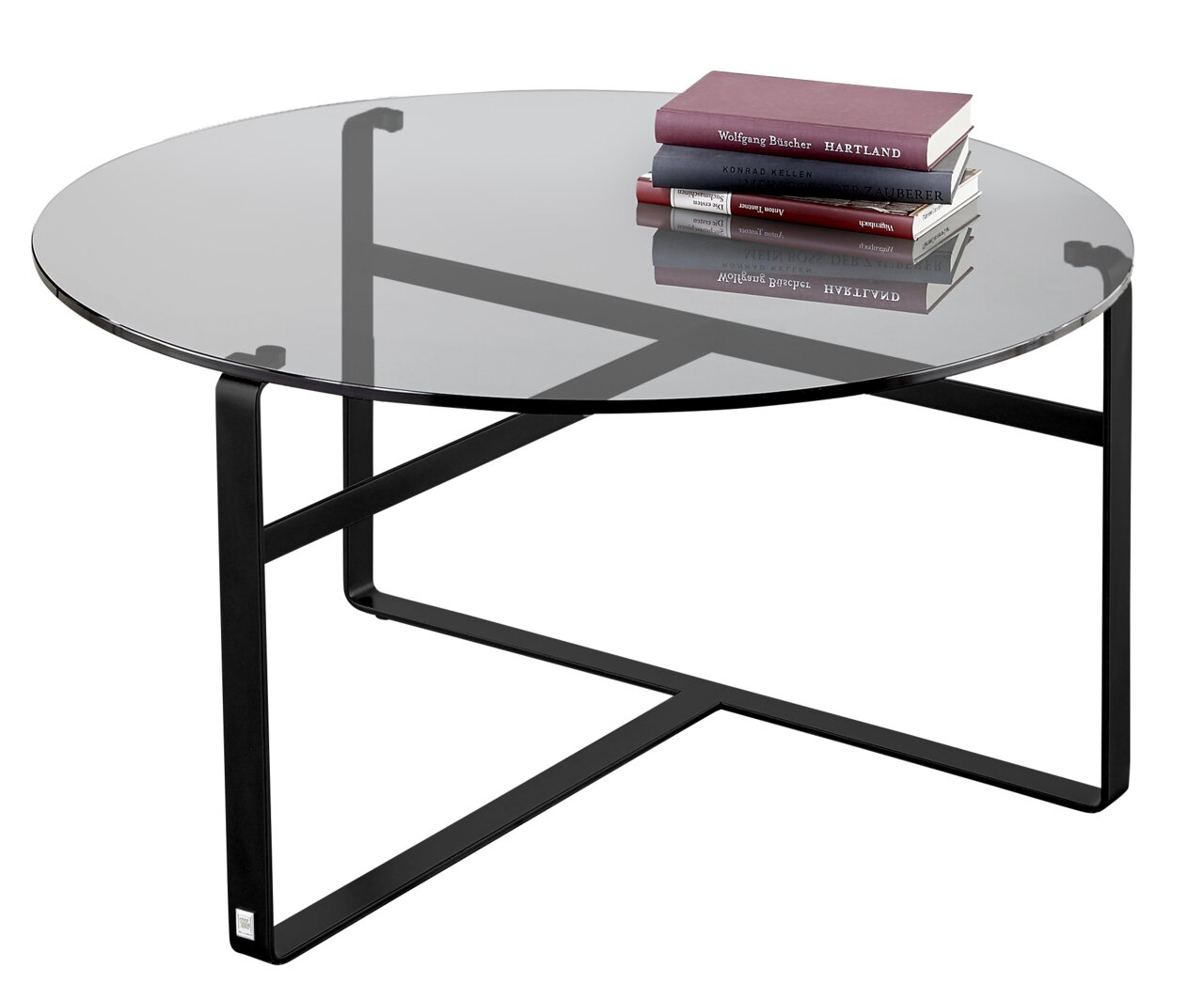 Runder Couchtisch mit Glasplatte und schwarzem Metallgestell, seitliche Perspektive