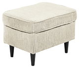 Hocker OSKAR in beige mit geripptem Stoffbezug und schwarzen Beinen, seitliche Perspektive