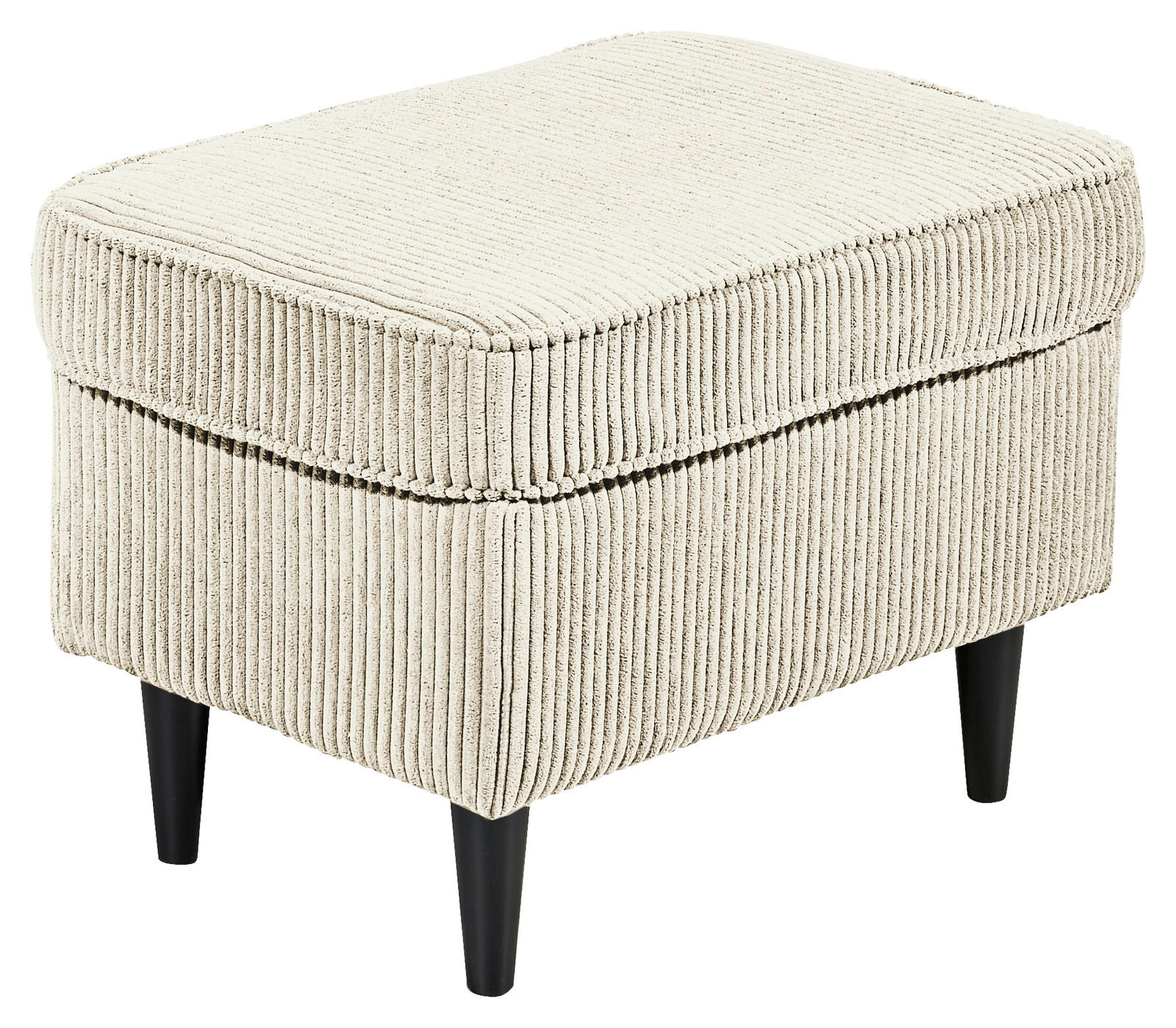 Hocker OSKAR in beige mit geripptem Stoffbezug und schwarzen Beinen, seitliche Perspektive