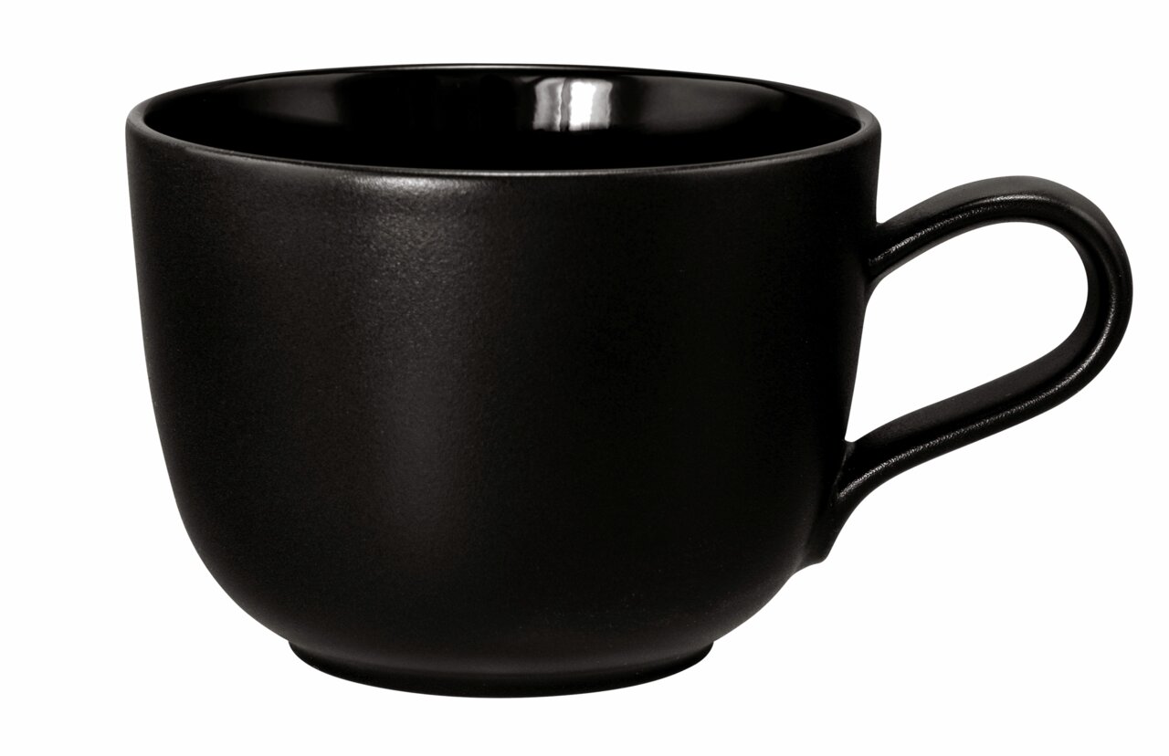Schwarze Kaffeetasse mit Henkel, seitliche Perspektive