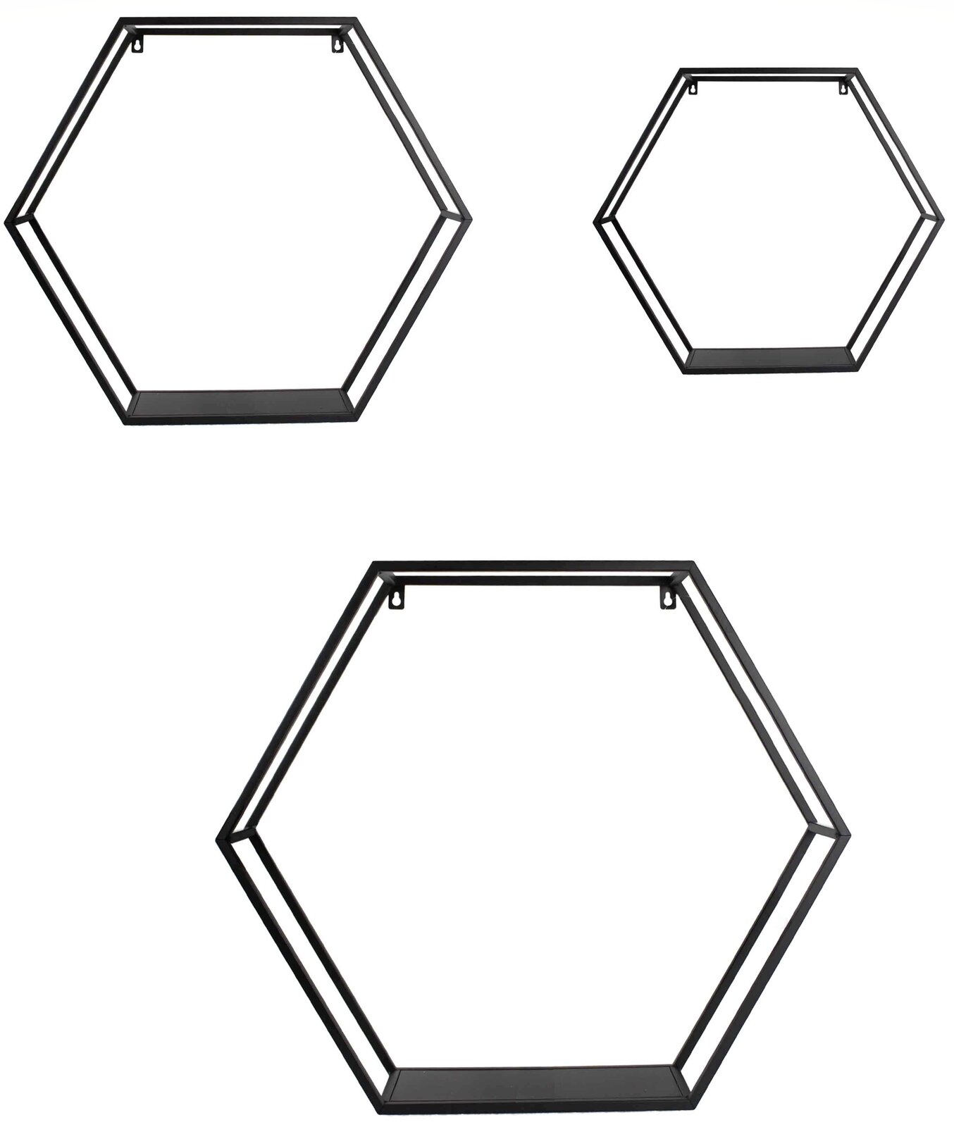 Dreiteiliges Wandregal-Set in hexagonaler Form aus schwarzem Metall, frontal abgebildet.