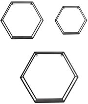 Dreiteiliges Wandregal-Set in hexagonaler Form aus schwarzem Metall, frontal abgebildet.