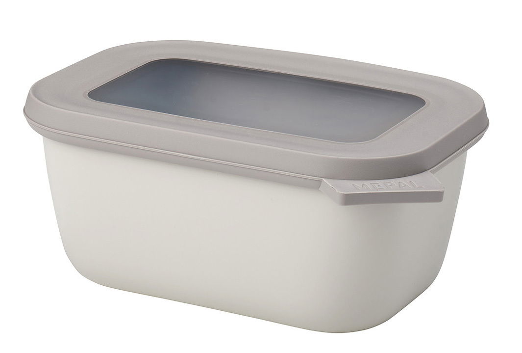 Rechteckige Multischüssel Cirqula mit grauem Deckel, seitliche Perspektive