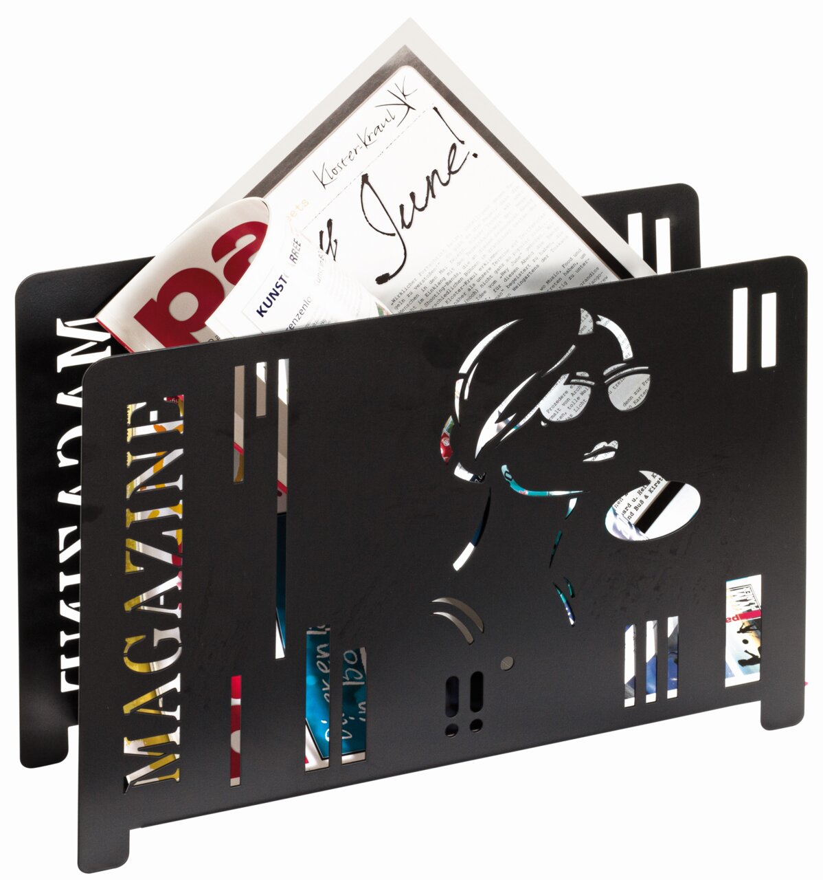 Moderner schwarzer Zeitungsständer mit ausgeschnittenem Design einer stilisierten Frau mit Sonnenbrille, gefüllt mit Zeitschriften, seitliche Perspektive.