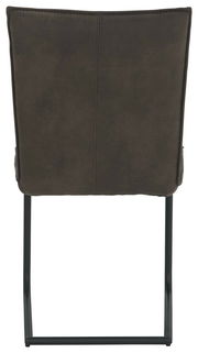 Rückansicht eines Freischwinger-Stuhls der Serie SCALA von Valnatura mit dunklem Bezug und schwarzem Metallgestell.