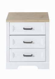 Frontansicht eines weißen Rollcontainers der Serie JUDITH mit drei Schubladen und einer Holzoberfläche.