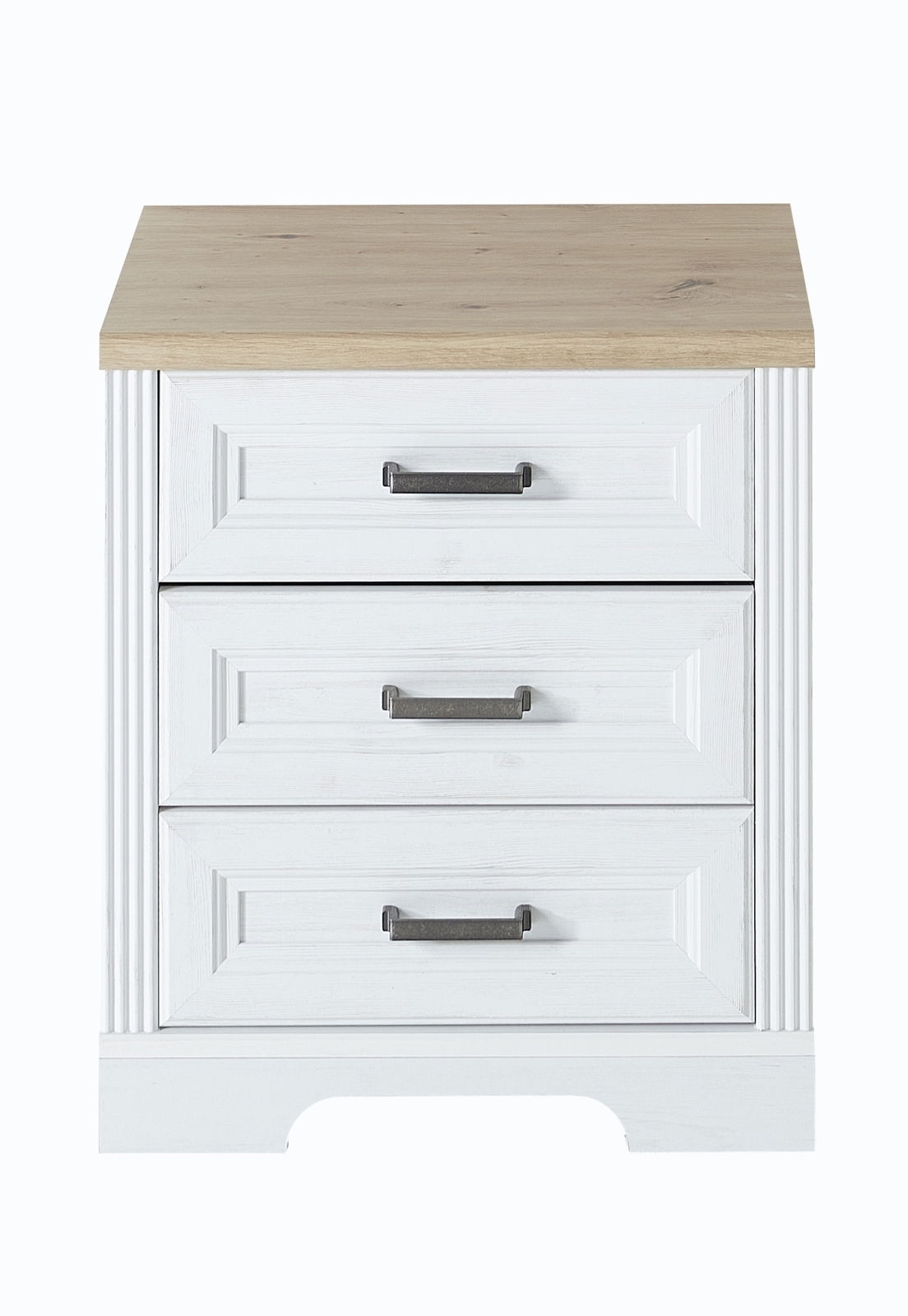 Landscape Rollcontainer JUDITH Frontansicht eines weißen Rollcontainers der Serie JUDITH mit drei Schubladen und einer Holzoberfläche.