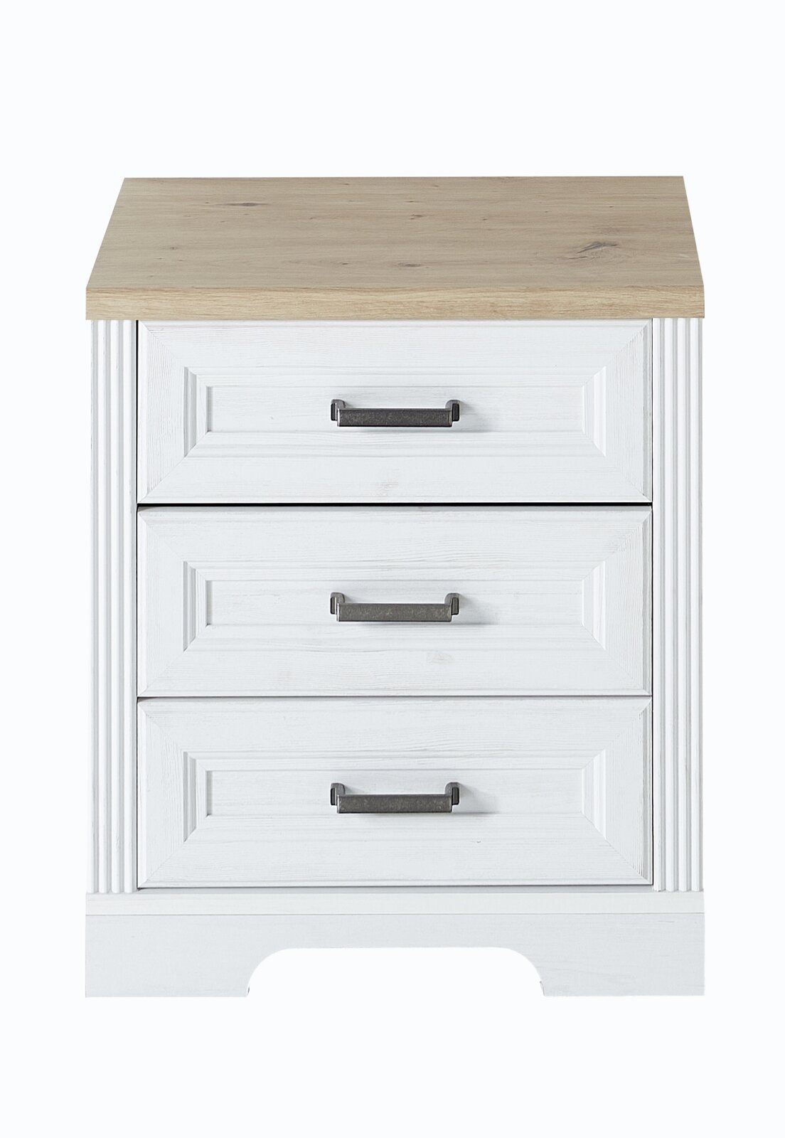 Landscape Rollcontainer JUDITH Frontansicht eines weißen Rollcontainers der Serie JUDITH mit drei Schubladen und einer Holzoberfläche.