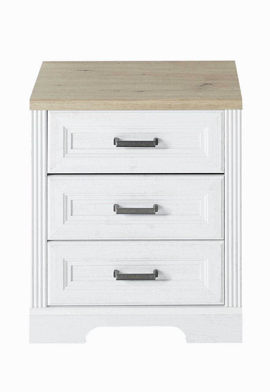 Landscape Rollcontainer JUDITH Frontansicht eines weißen Rollcontainers der Serie JUDITH mit drei Schubladen und einer Holzoberfläche.