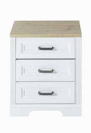 Frontansicht eines weißen Rollcontainers der Serie JUDITH mit drei Schubladen und einer Holzoberfläche.