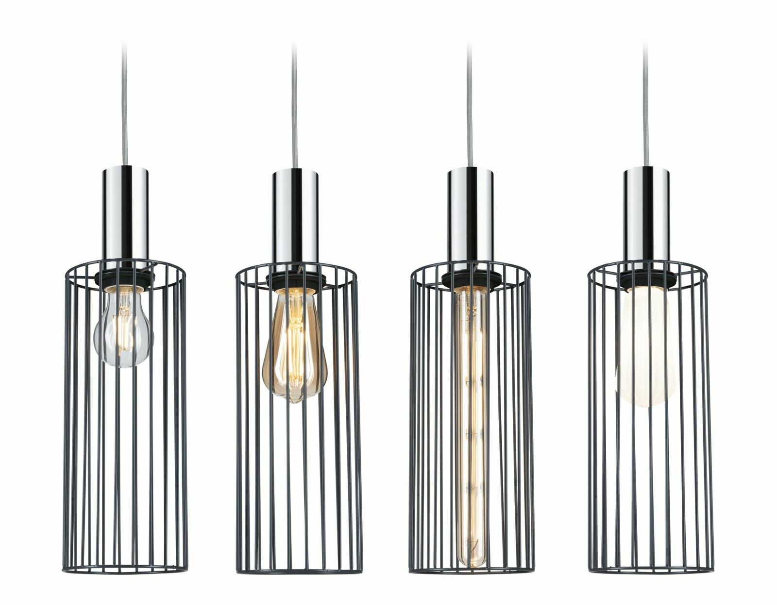 Vier moderne Hängelampen mit zylindrischen Metallgitterschirmen, aus der Frontalperspektive fotografiert.